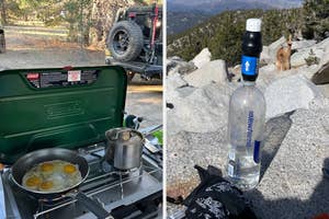 Portable stove with eggs cooking on left; water bottle standing on rock on right, outdoor setting