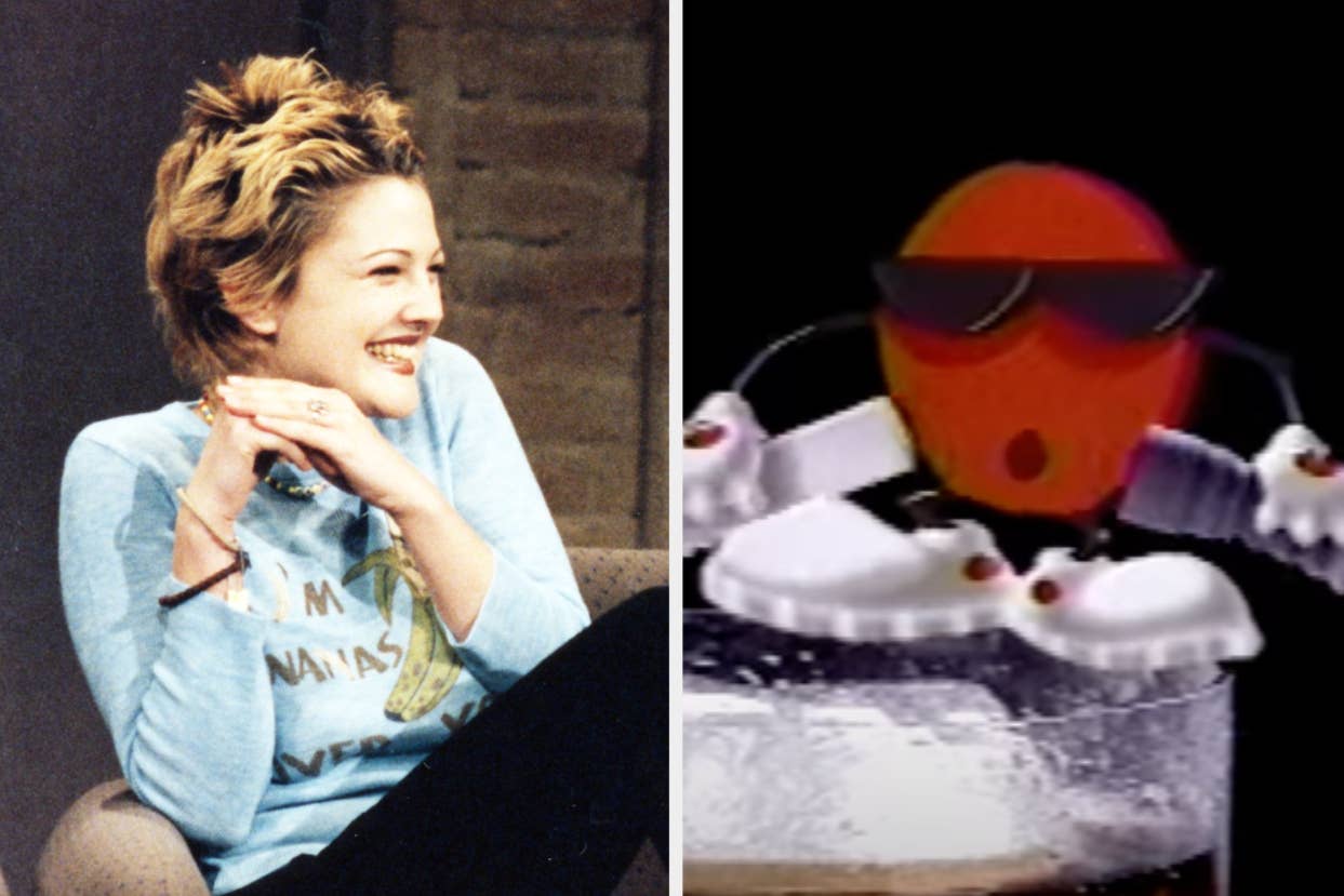 Drew Barrymore in a casual tee smiling, next to an image of the M&M's character Red playing guitar