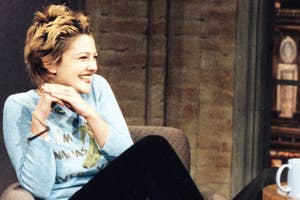 Drew Barrymore and David Letterman sit talking during her 1995 interview; text summarizes the notorious moment