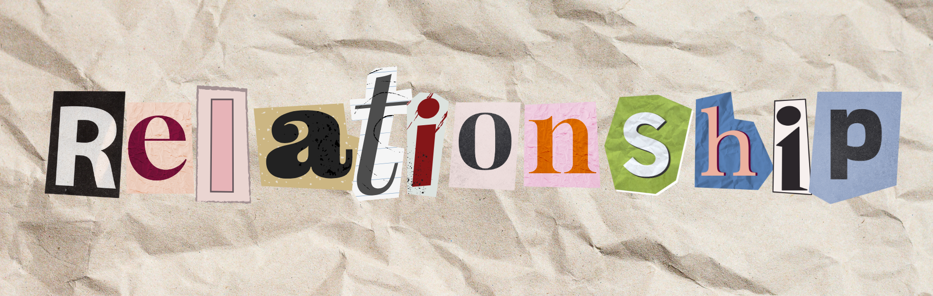 Cut-out letters on crumpled paper spell "Relationship," symbolizing work relationships
