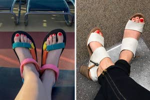 Two side-by-side photos showing different footwear styles: platform sandals and heeled strappy shoes