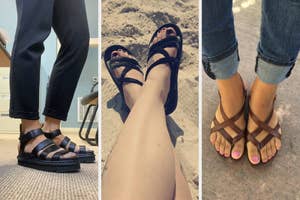 Three different pairs of sandals worn with various outfits for style comparison