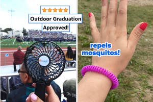 reviewer holding handheld fan at outdoor graduation and reviewer holding out hand with pink mosquito-repellent bracelet