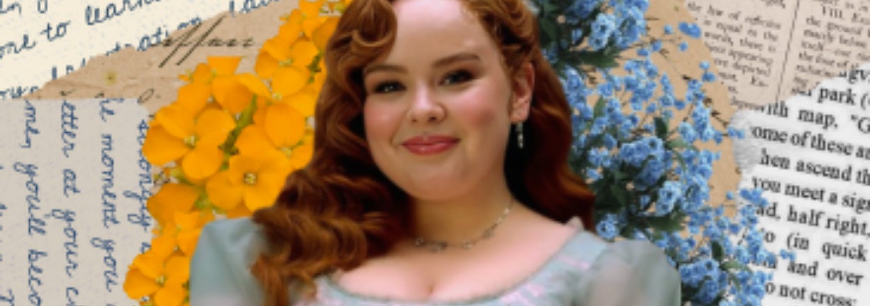 Mujer sonriente, personaje animado con flores y texto en el fondo