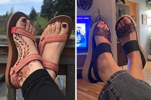 Two different pairs of sandals on a person's feet contrast trendy and comfortable styles, highlighting shopping options