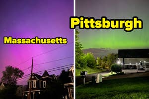 Night skies over Massachusetts and Pittsburgh showing Northern Lights above residential areas
