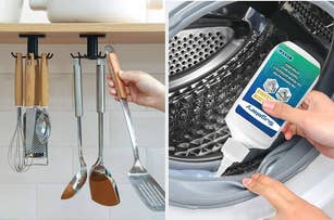 Two images: left shows magnetic knife strip with utensils, right depicts person pouring detergent into washing machine