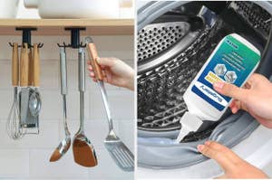 Two images: left shows magnetic knife strip with utensils, right depicts person pouring detergent into washing machine