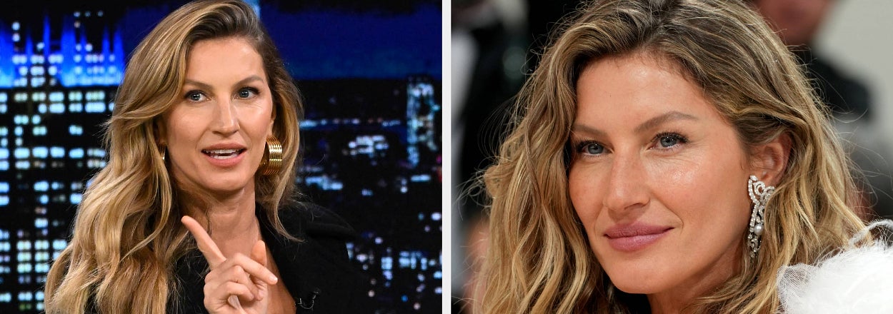 Gisele Bündchen on Jimmy Kimmel with her finger pointed vs Gisele Bündchen poses in a feathered outfit