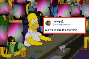 Homer Simpson cartoon character lying on the floor with party remnants around, overlaid with a social media-style caption