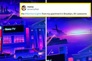 A screenshot of a tweet by mannyfidel about seeing the Northern Lights from Brooklyn, NY, displayed on a Roku TV
