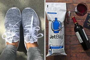 Person standing in new sneakers on left; a JetBag with a bottle of wine on right, showcasing product use