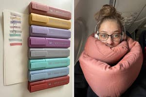 Left: Assorted power banks stacked. Right: Woman on plane using inflatable neck pillow