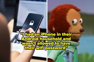 Person shows phone screen, caption joke about mixed tech households next to animated character with surprised look