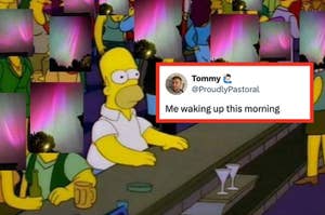 Homer Simpson cartoon character lying on the floor with party remnants around, overlaid with a social media-style caption