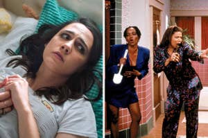 Split image of two scenes: Left, character lying in bed looking stressed. Right, two characters in patterned outfits singing