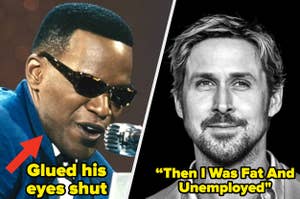 Two side-by-side photos, left - Stevie Wonder singing, right - Ryan Gosling smiling with a quote about his past