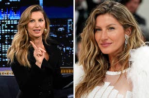 Gisele Bündchen on Jimmy Kimmel with her finger pointed vs Gisele Bündchen poses in a feathered outfit