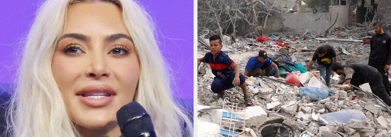 Person holding a mic at an event, split image with people searching through rubble at a disaster site