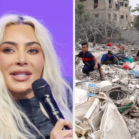 Person holding a mic at an event, split image with people searching through rubble at a disaster site