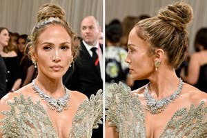 A closeup of Jennifer Lopez vs Jennifer Lopez looks behind her at the 2024 Met Gala