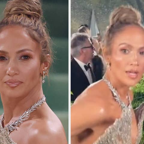 A closeup of Jennifer Lopez vs Jennifer Lopez walking up the steps at the 2024 Met Gala
