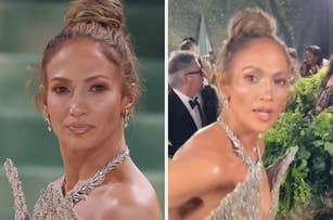 A closeup of Jennifer Lopez vs Jennifer Lopez walking up the steps at the 2024 Met Gala