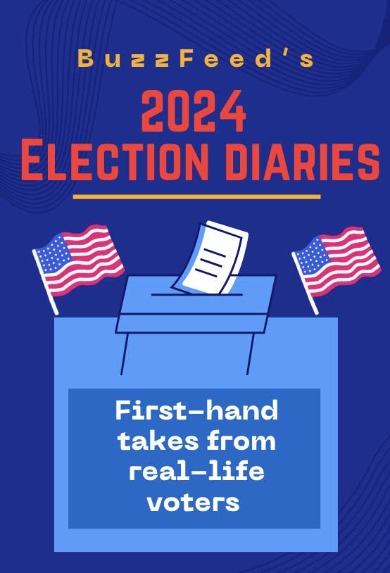 BuzzFeed&#x27;s 2024 Election Diaries flyer with a ballot box and American flags, highlighting voter experiences
