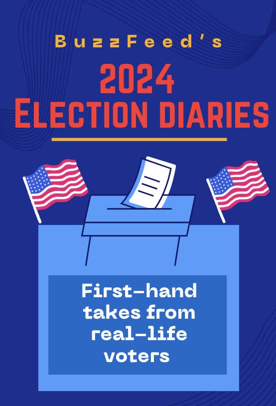 BuzzFeed's 2024 Election Diaries flyer with a ballot box and American flags, highlighting voter experiences