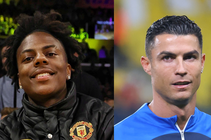 Side-by-side images of a person in a Man United jacket and Cristiano Ronaldo in a blue sports kit