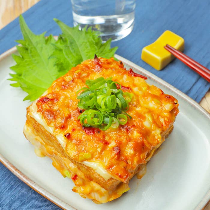 焼き上がりの厚揚げと薬味のネギがのっている、和食のプレート。