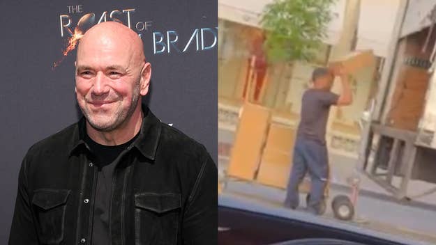 Man in a black shirt on a backdrop for 'The Roast of Brad,' and another man loading a hand truck on the street
