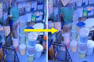 A man reaching for an item in a tightly packed pantry with various containers before and after it falls