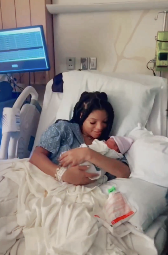 Halle Bailey in the hospital with her baby, Halo