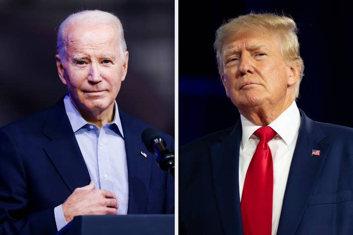 Side-by-side portraits of Joe Biden in a suit and Donald Trump in a suit with a flag pin