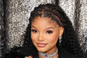 Halle Bailey in a fur coat at an event