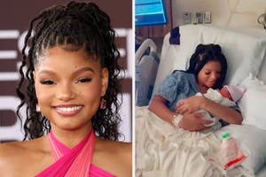 Halle Bailey in a gown at an event vs Halle Bailey holding her son Halo in the hospital