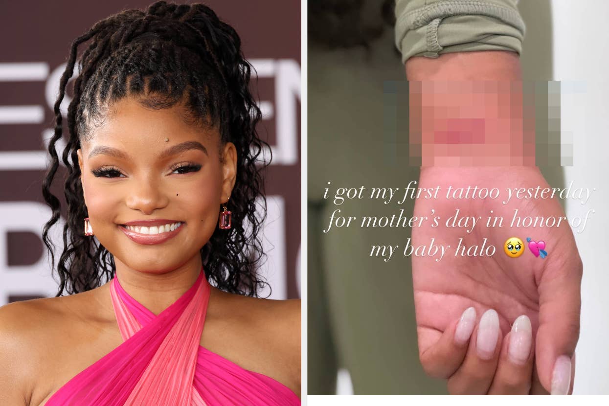 Halle Bailey in a gown at an event vs Halle Bailey's Halo tattoo on her wrist