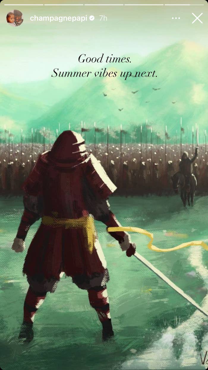 Illustration of a knight with a spear standing before an army, captioned &quot;Good times. Summer vibes up next.&quot;