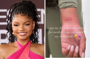 Halle Bailey in a gown at an event vs Halle Bailey's Halo tattoo on her wrist