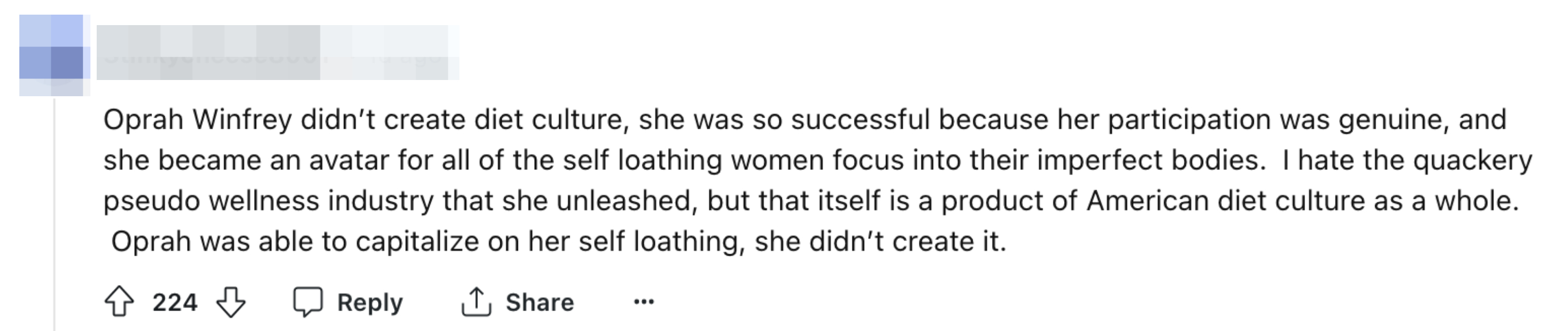 Text from an online comment discussing Oprah Winfrey&#x27;s influence on self-image and diet culture
