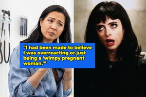 Two separate images: one of a concerned woman with a quote about pregnancy; the other of a surprised fictional character