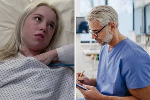 Split image with a concerned woman in a hospital bed and a male doctor writing on a clipboard