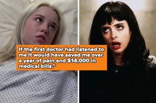 The image is a split-screen with two women expressing concern. Text over includes a quote about medical expenses due to a doctor's oversight