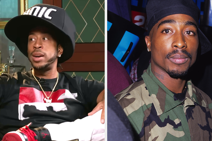 Two images side by side, one of Eminem wearing a hat with "DMC" and another of Tupac wearing a camouflage jacket