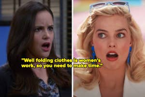 Scene from a show with two female characters, one shocked by the other's outdated view on women's work roles