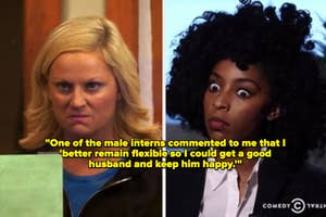 Leslie Knope and a character from a comedy show express disbelief, illustrating workplace sexism issues