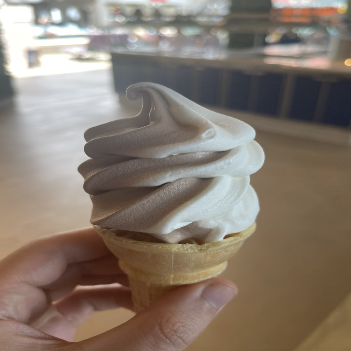 Person holding a swirl soft-serve ice cream cone