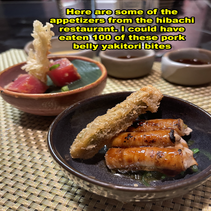 Close-up of assorted Japanese appetizers with a text overlay expressing fondness for the yakitori bites