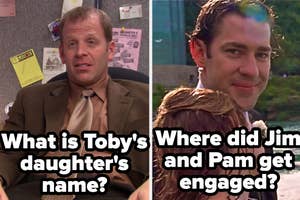 Split screen of Toby in a suit from 'The Office' and Jim with Pam, text quizzes viewers on show trivia